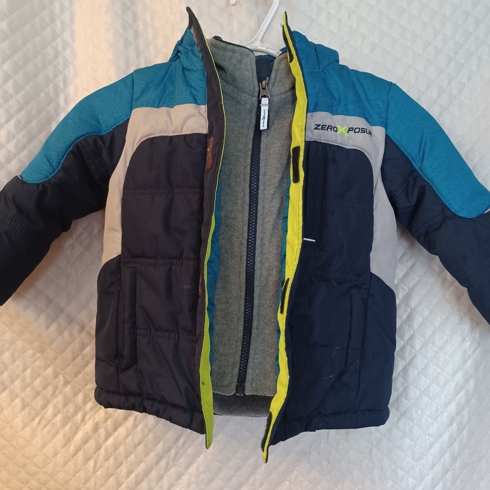 ZeroXposur Boys 3T Winter Puffer Jacket Hooded Fleece Lined Blue Navy Grey